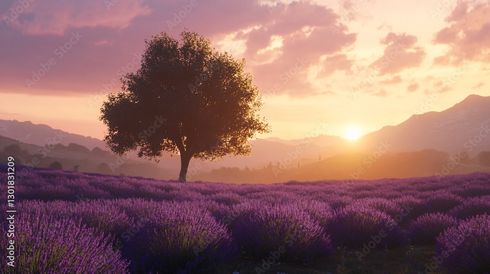 Fototapeta premium Tranquil Lavender Fields Provence France Lonely Tree Landscape