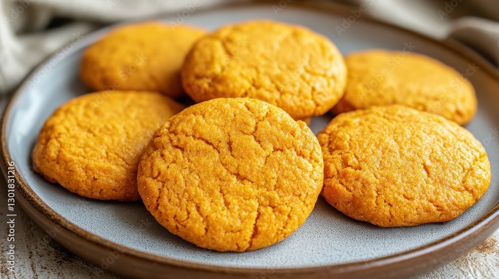 Delicious golden cookies arranged on a ceramic plate, showcasing their soft texture and warm color. Delicious golden cookies arranged on a ceramic plate, showcasing their soft texture and warm color.