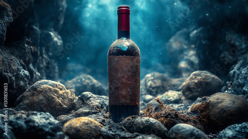 Unique underwater discovery of a bottle of wine among rocks in a mysterious setting