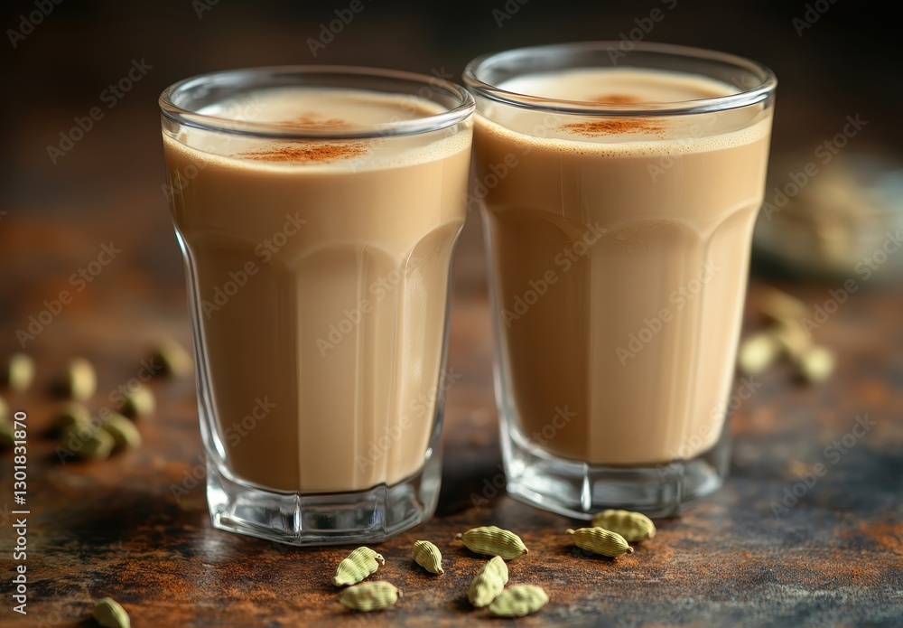 Two Glasses of Creamy Chai Latte with Ground Cardamom on Rustic Background Ideal for Cozy Mornings or Afternoon Relaxation Two Glasses of Creamy Chai Latte with Ground Cardamom on Rustic Background Ideal for Cozy Mornings or Afternoon Relaxation