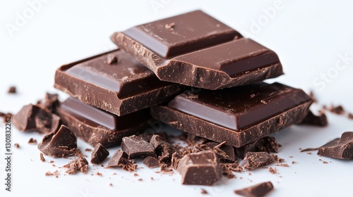 Rich dark chocolate pieces stacked with crumbs, exuding a luxurious appeal.