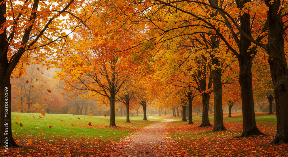 Fototapeta premium Enchanting Autumn Pathway with Vibrant Fall Foliage in a Serene Park