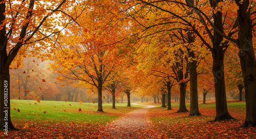 Enchanting Autumn Pathway with Vibrant Fall Foliage in a Serene Park