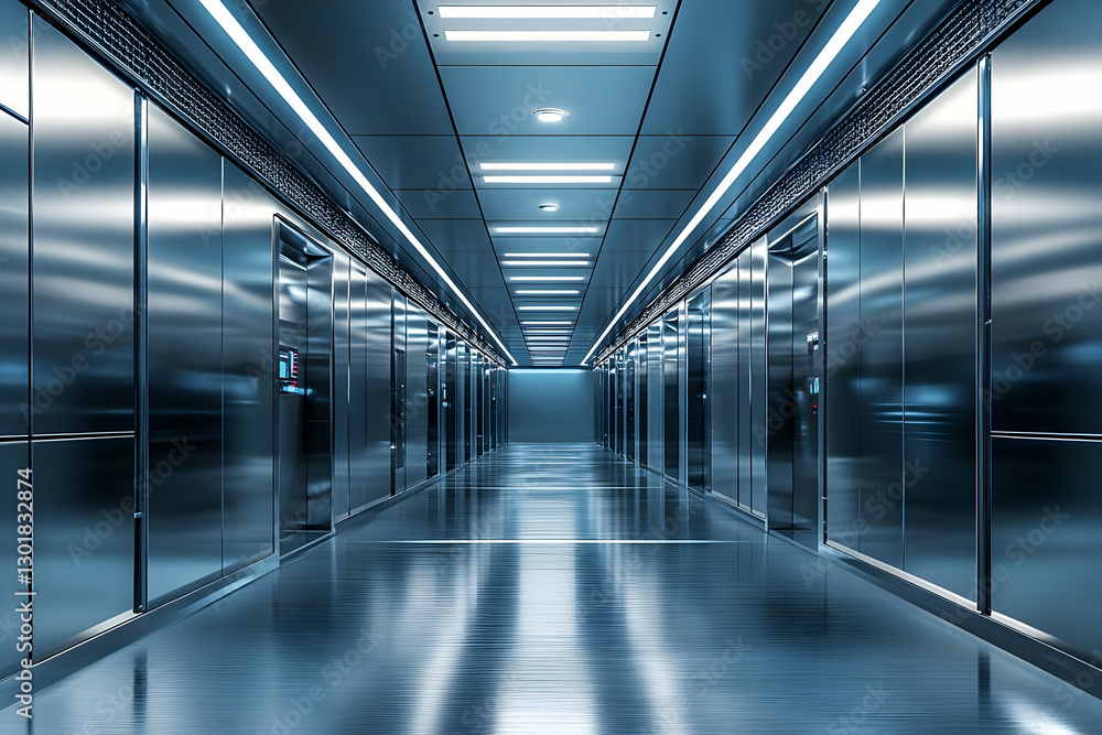 Modern Steel Corridor With Reflective Floor And Linear Lighting Modern Steel Corridor With Reflective Floor And Linear Lighting