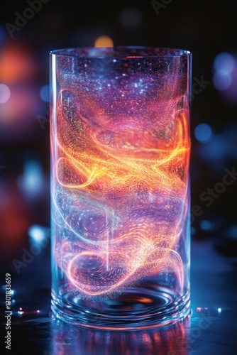 Glowing particles swirling inside glass vessel.