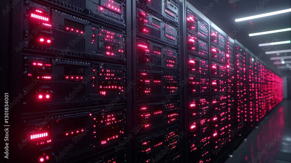 Obraz premium Servers blink in a data center, illuminated by red lights, against black wall