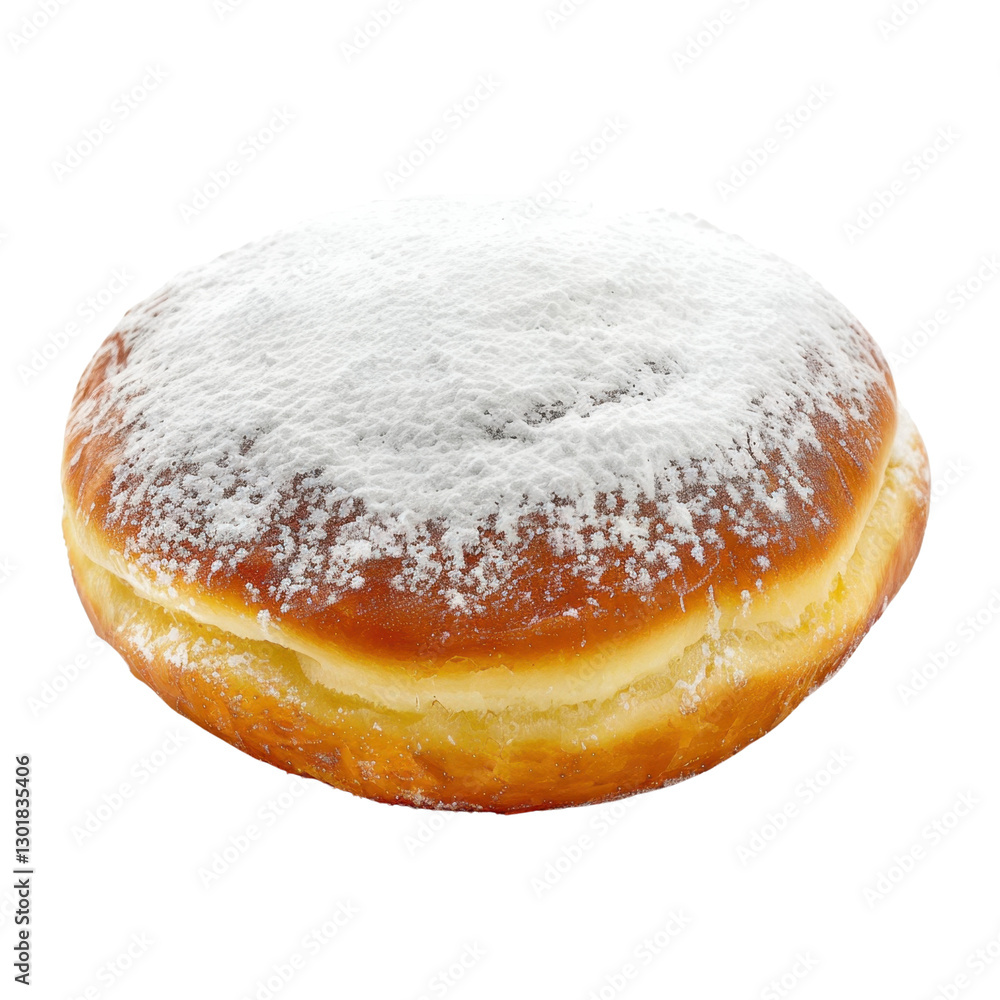 Delicious powdered sugar donut with soft, fluffy texture and golden brown crust, perfect for sweet treat or dessert Delicious powdered sugar donut with soft, fluffy texture and golden brown crust, perfect for sweet treat or dessert