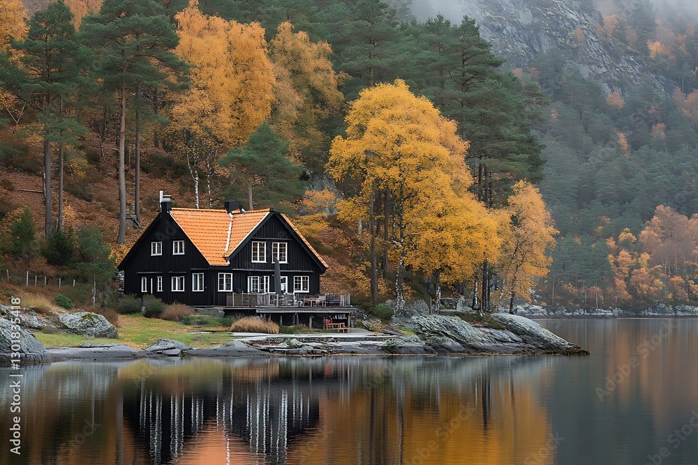 Fototapeta premium Autumn cabin by lake, tranquil scene, scenic view
