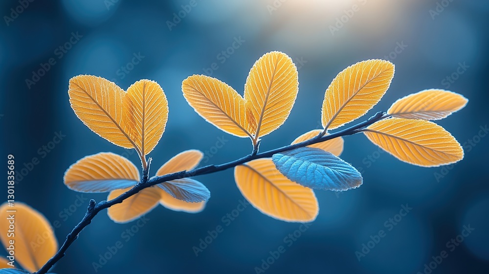 Golden leaves on branch in twilight forest Golden leaves on branch in twilight forest
