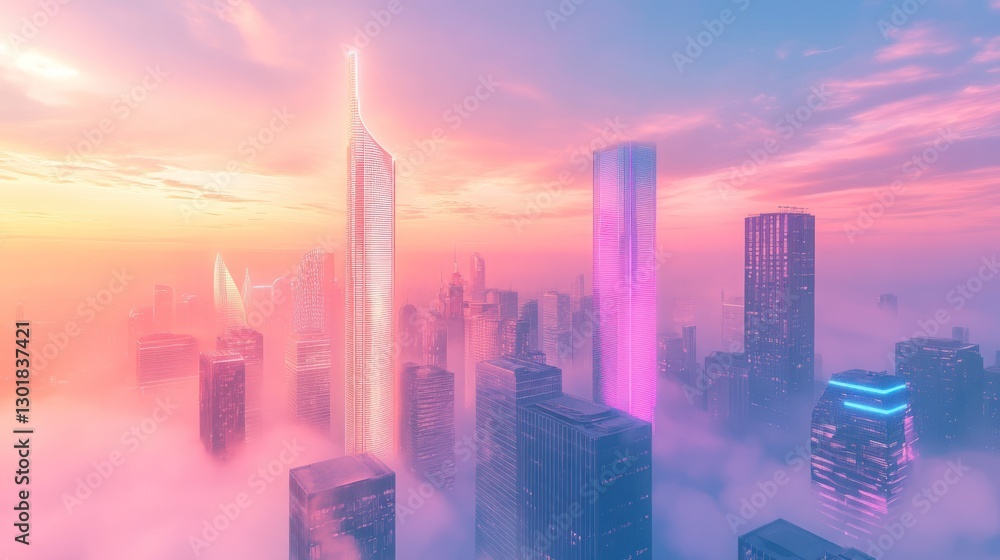 Fototapeta premium Dreamy Cityscape at Dawn: A Futuristic Metropolis Shrouded in Pastel Mist