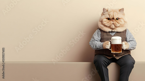 Illustration of Cat with Beer, Dressed Up, Sitting