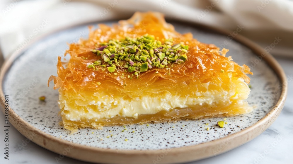 A delicious slice of baklava topped with crushed pistachios, showcasing golden layers of flaky pastry and creamy filling. A delicious slice of baklava topped with crushed pistachios, showcasing golden layers of flaky pastry and creamy filling.