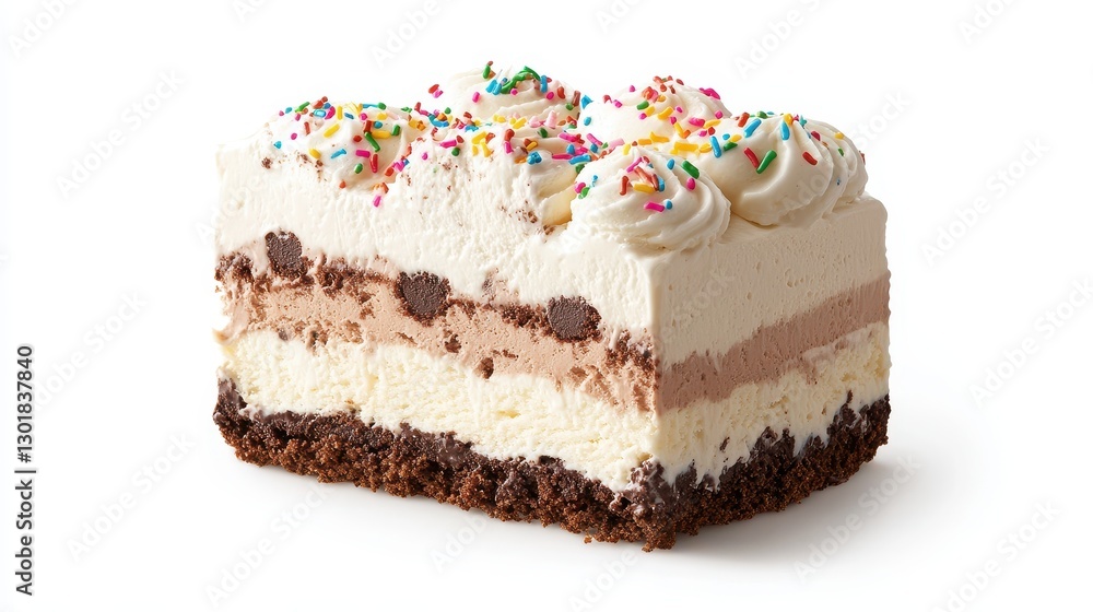 Delicious layered ice cream cake with chocolate and vanilla flavors, topped with whipped cream and colorful sprinkles. Delicious layered ice cream cake with chocolate and vanilla flavors, topped with whipped cream and colorful sprinkles.