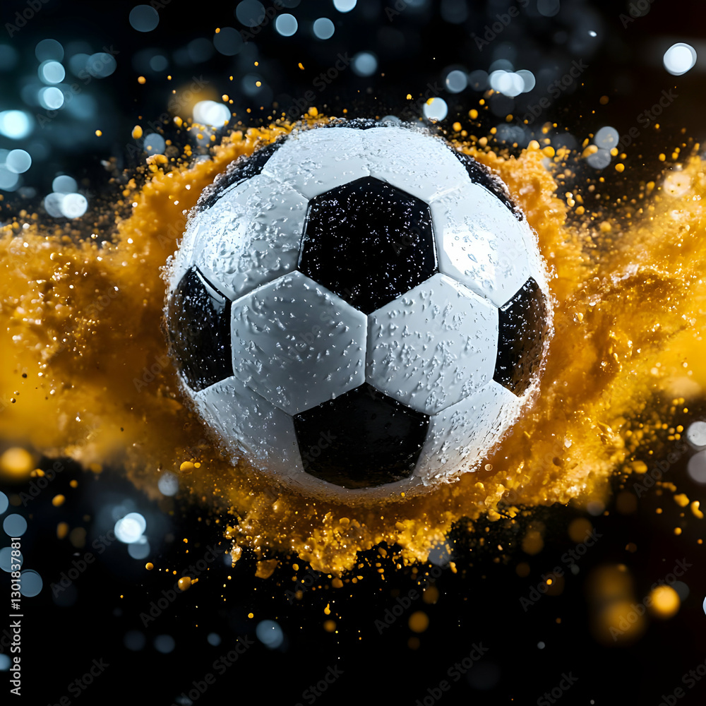 Naklejka premium 3D Soccer Ball Explosion - Orange Paint Splatter on Black Background