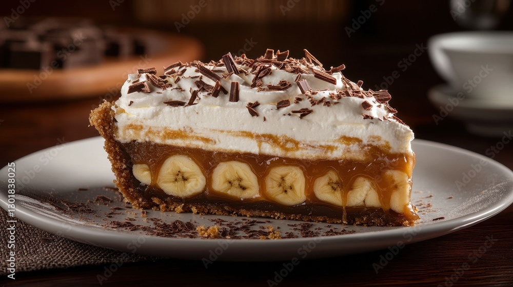 Delicious dessert slice on a plate, featuring layers of banana, caramel, and whipped cream topped with chocolate shavings. Delicious dessert slice on a plate, featuring layers of banana, caramel, and whipped cream topped with chocolate shavings.