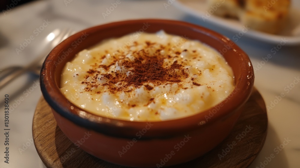 A warm bowl of creamy rice pudding topped with a sprinkle of cinnamon, sitting on a wooden surface. A warm bowl of creamy rice pudding topped with a sprinkle of cinnamon, sitting on a wooden surface.