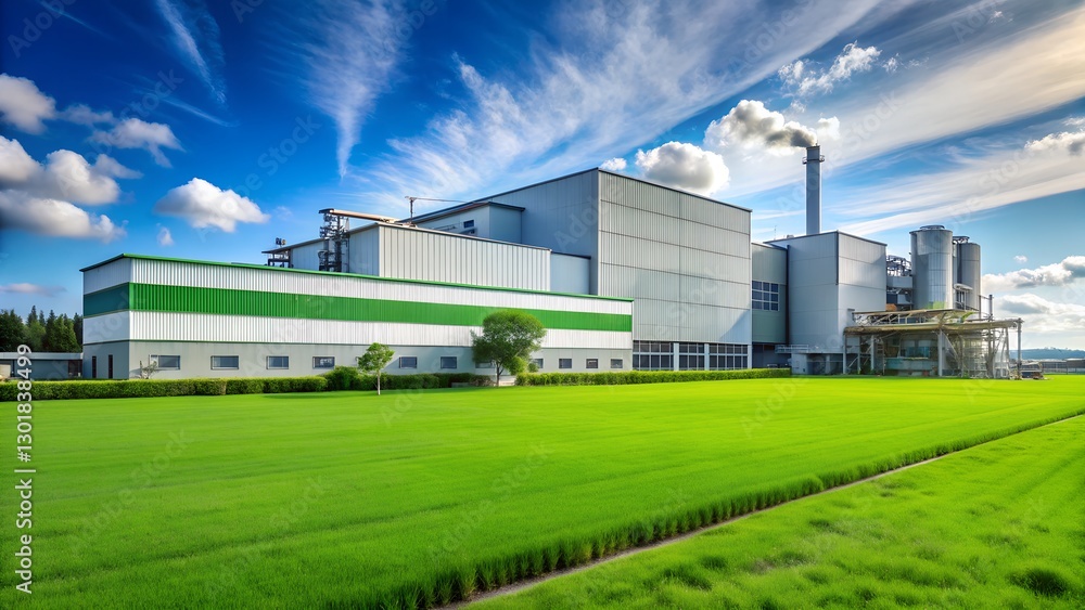 Fototapeta premium Modern eco-friendly factory with green lawn and blue sky