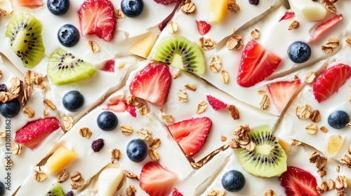 Fototapeta Naklejka Na Ścianę i Meble -  Colorful yogurt bark with assorted fruits and granola, perfect for a refreshing snack.