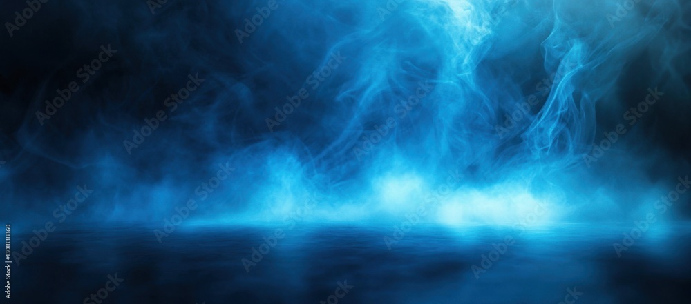Obraz premium Blue smoke filling a dark room with reflective floor