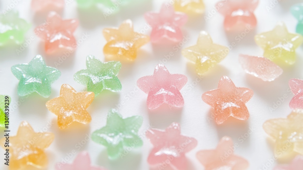 Colorful star-shaped gummy candies in various pastel hues create a delightful and playful arrangement. Colorful star-shaped gummy candies in various pastel hues create a delightful and playful arrangement.
