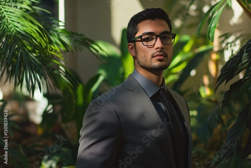 Wallpaper Mural Confident young man wearing a suit and glasses in a lush green setting, showcasing professionalism and calm demeanor Torontodigital.ca