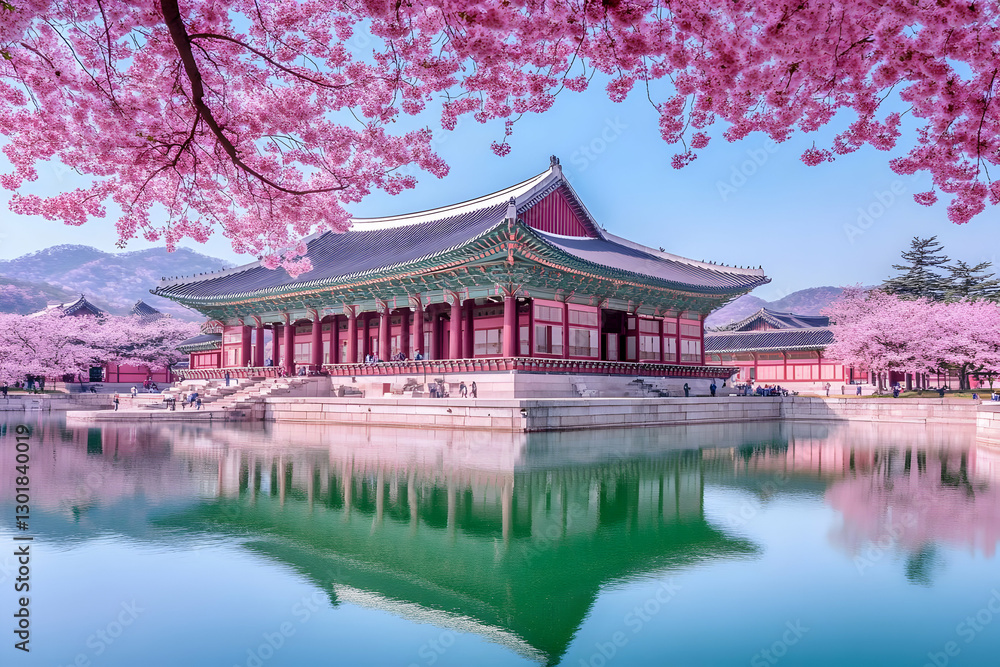 Photo Tranquil Asian Architecture Spring Cherry Blossoms Reflection Lake