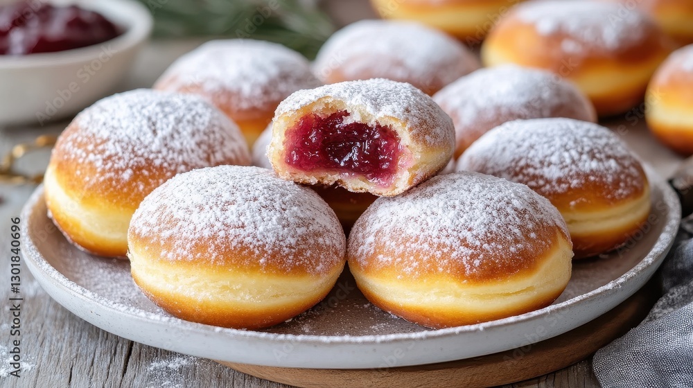 Freshly baked doughnuts with a sweet jam filling, dusted with powdered sugar, perfect for a treat. Freshly baked doughnuts with a sweet jam filling, dusted with powdered sugar, perfect for a treat.