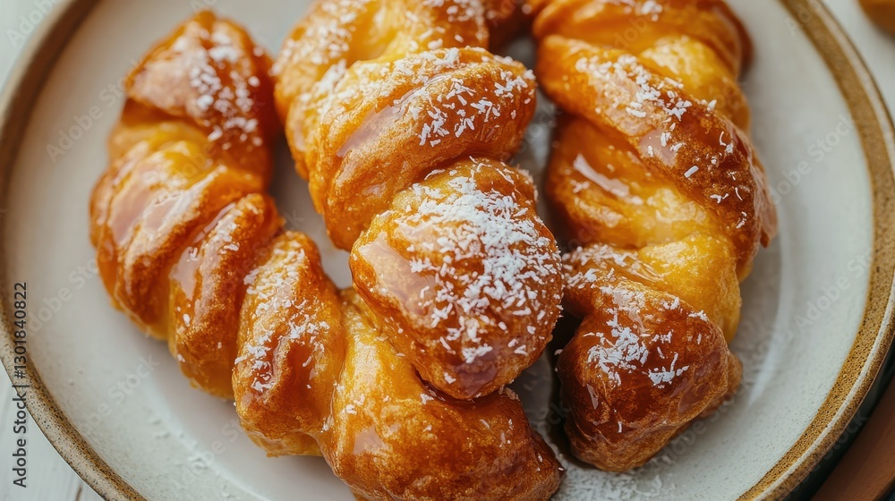 Delicious golden pastry twists topped with a sprinkle of coconut, served on a rustic plate. Delicious golden pastry twists topped with a sprinkle of coconut, served on a rustic plate.