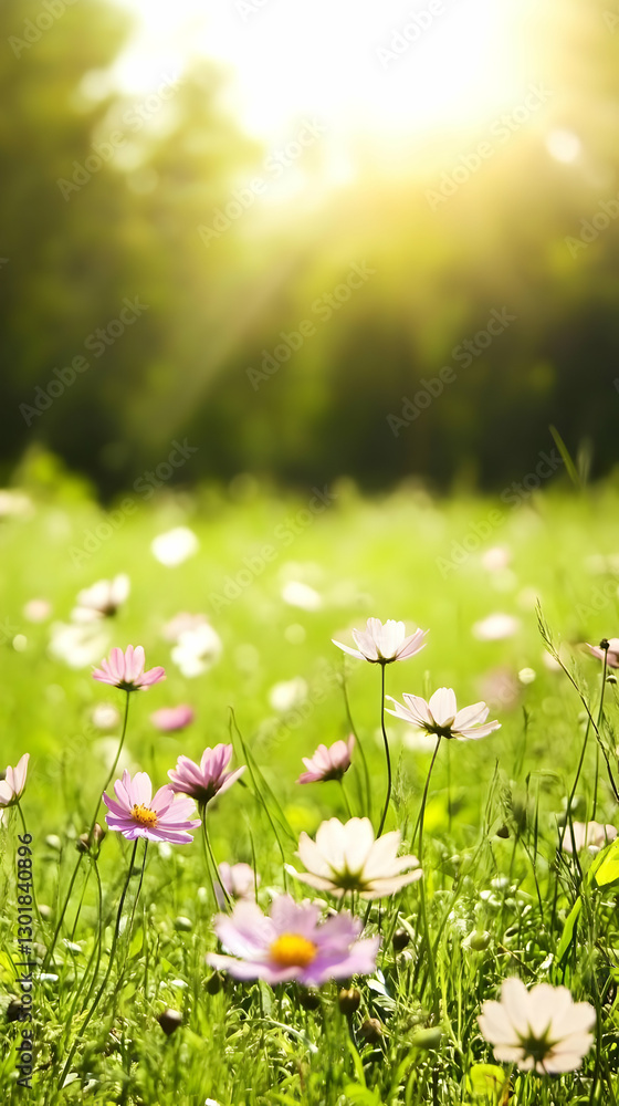 Fototapeta premium Photo Background - Sunlit Meadow Wildflowers, Nature Green Grass Spring Bloom