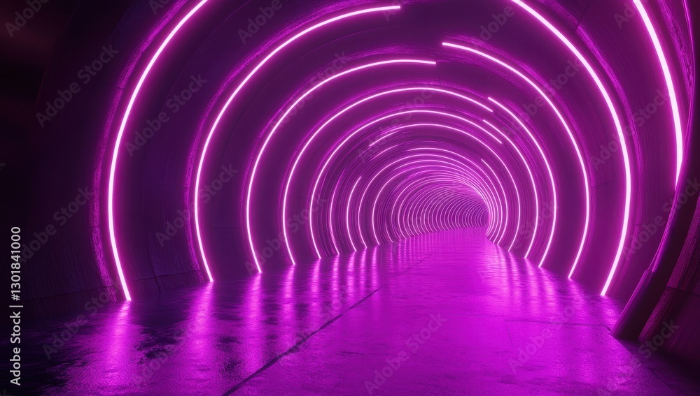 Fototapeta premium Vibrant Pink Neon Tunnel with Circular Lights Creating a Futuristic Atmosphere and Reflective Surface for Creative Visual Projects