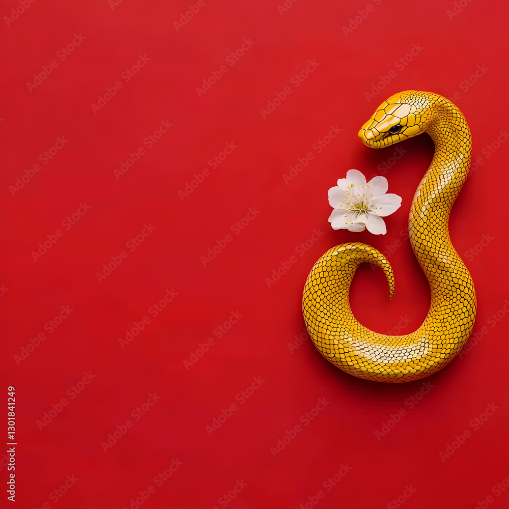 Obraz premium Illustration - Golden Snake and White Flower on Red Background