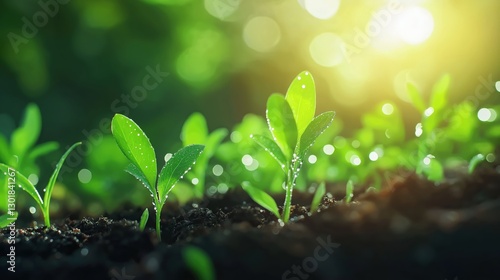 Young sprouts emerging from moist soil with morning sunlight and dewdrops. Symbolizing growth, sustainability, and new beginnings. Ideal for environmental and agricultural themes