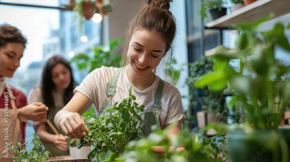 Obraz premium Sustainable living space featuring home garden, eco friendly plants, and joyful gardening activities