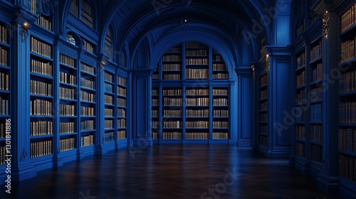 Wallpaper Mural A dark and mystical blue library with arched bookshelves, creating an enchanting atmosphere. Perfect for fantasy, literature, and magical themes Torontodigital.ca