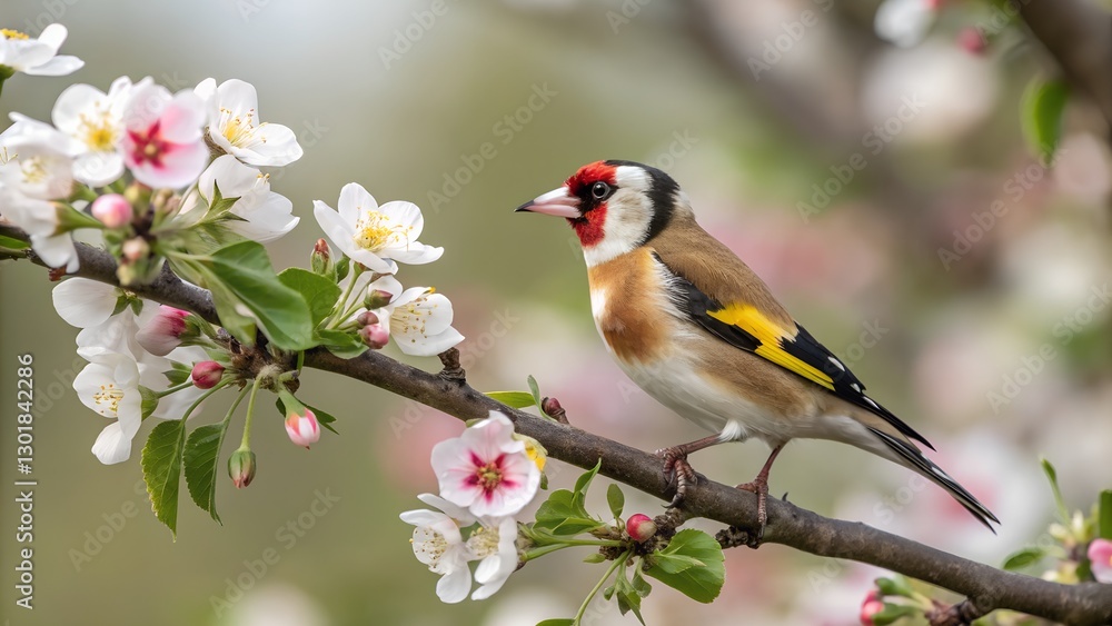 Vivid Carduelis (Goldfinch) perched on a blooming branch
Vivid Carduelis (Goldfinch) perched on a blooming branch