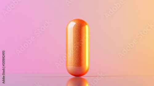 A vibrant orange capsule with shimmering texture, illuminated against a soft pink gradient background.