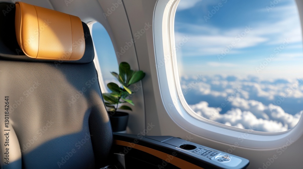 Fototapeta premium Minimalist Airplane Seat with Cloudy Sky View