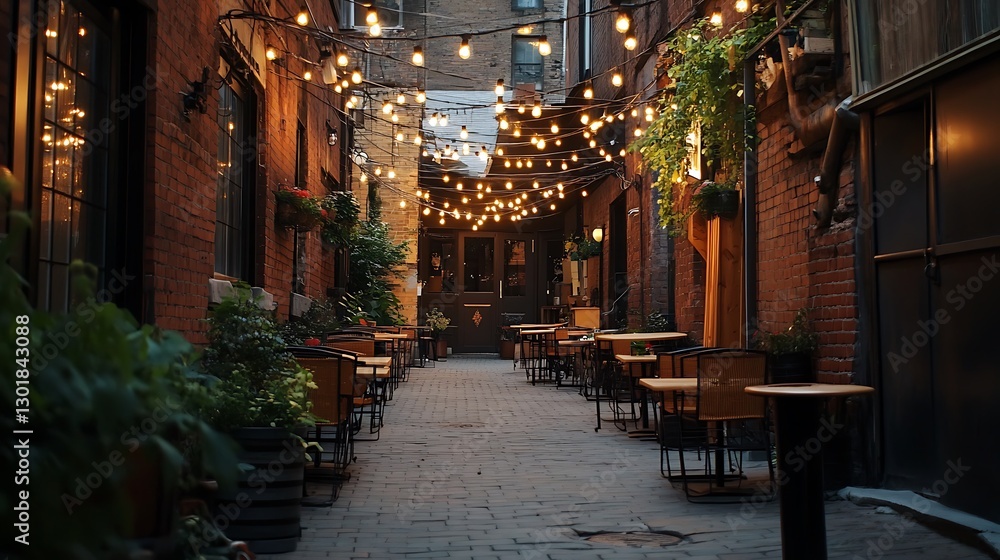 Cafe Outdoor Seating Area with String Lights in Urban Setting Cafe Outdoor Seating Area with String Lights in Urban Setting