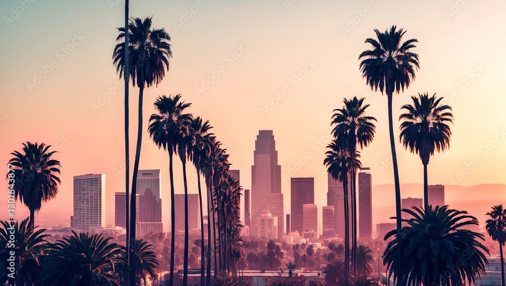 Obraz premium Los Angeles skyline with palm trees in the foreground