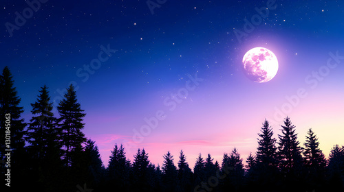 Celestial Night: Pink And Purple Sky With Full Moon Over Silhouetted Forest