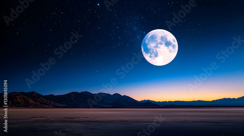 Celestial Night Landscape with Full Moon and Stars