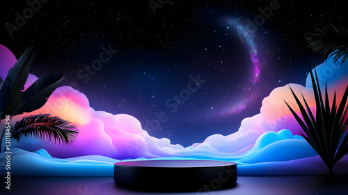 Celestial Themed Stage Backdrop with Neon Clouds and Tropical Plants