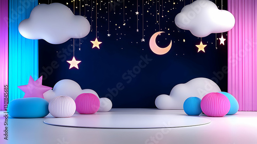 Celestial Wedding Stage Backdrop: Dreamy Night Scene with Fluffy Clouds, Stars, and Moon