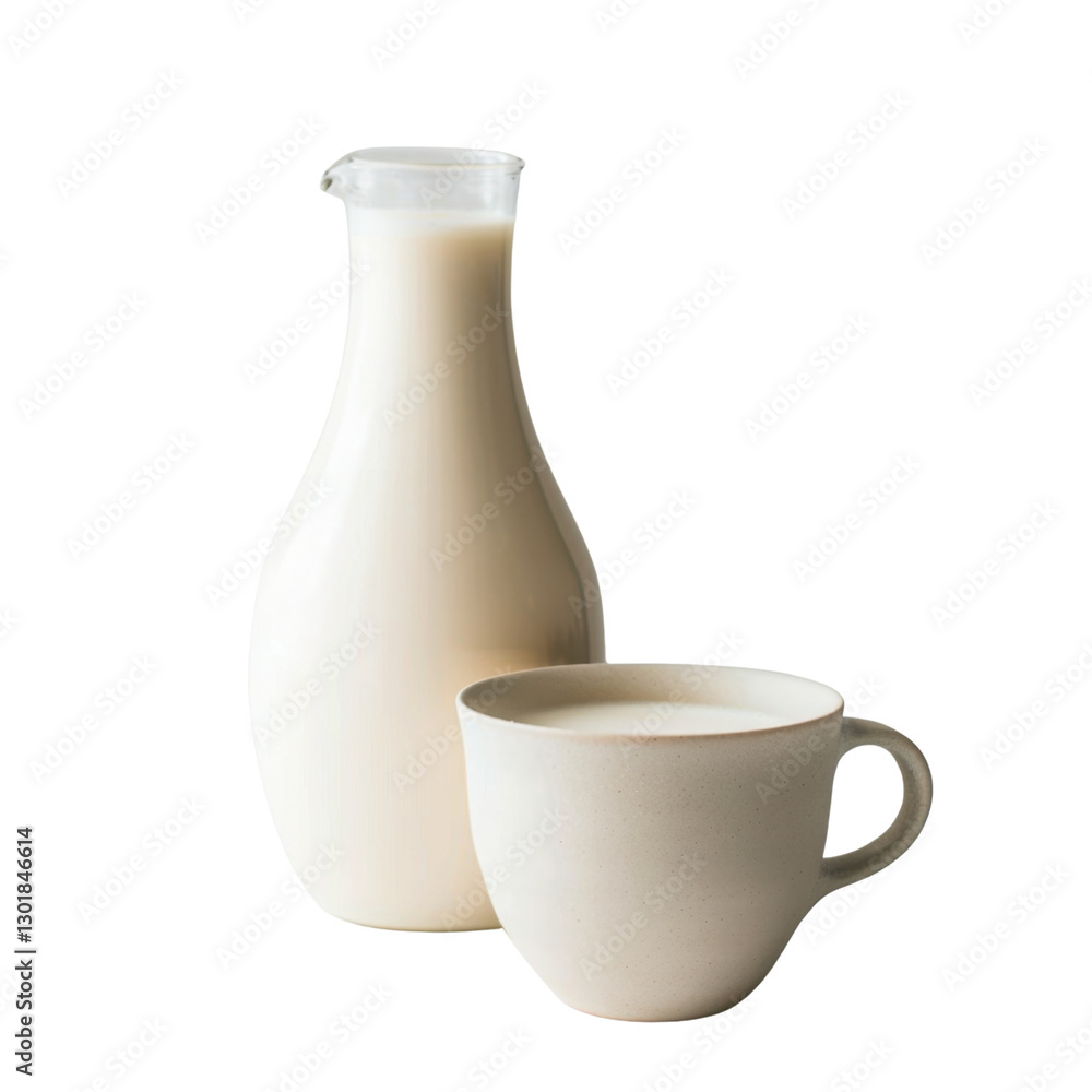 Fresh milk in glass pitcher with ceramic cup, perfect for breakfast or coffee. Enjoy creamy texture and wholesome goodness of dairy Fresh milk in glass pitcher with ceramic cup, perfect for breakfast or coffee. Enjoy creamy texture and wholesome goodness of dairy