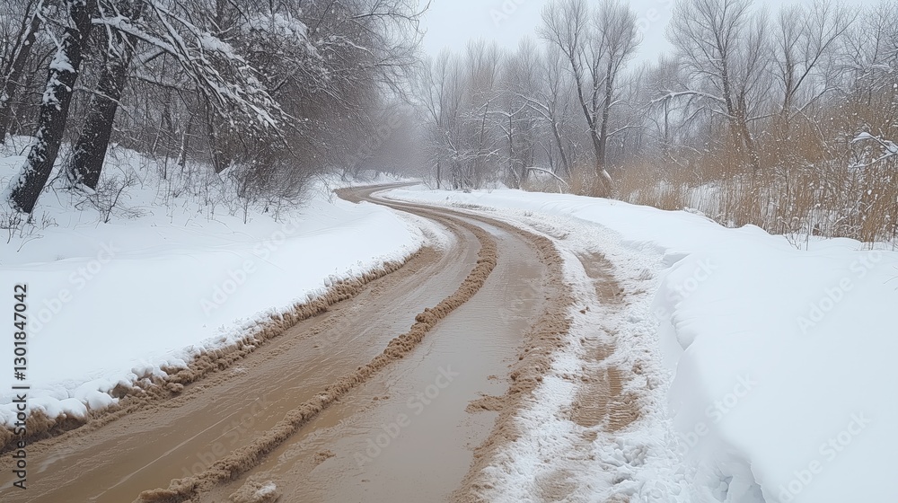 A rugged dirt road covered in melting snow, surrounded by a forest of tall evergreen trees. Perfect for adventure, travel, and seasonal change themes A rugged dirt road covered in melting snow, surrounded by a forest of tall evergreen trees. Perfect for adventure, travel, and seasonal change themes