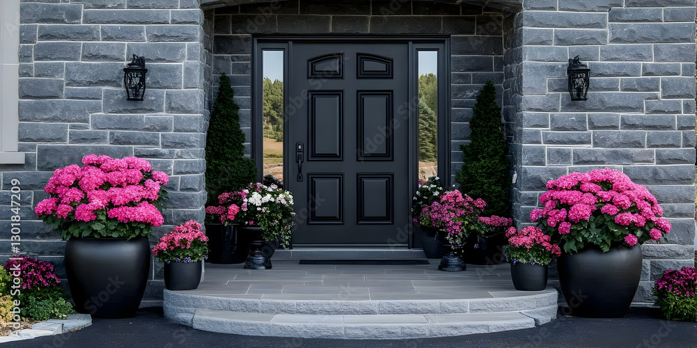 Naklejka premium Photo: Elegant Home Entrance with Pink Flowers and Black Door