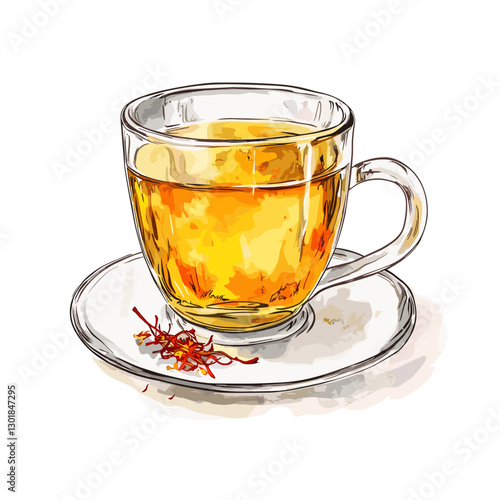 Watercolor Illustration of Persian Saffron Tea in a Glass Cup