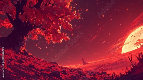 Red Sunset Landscape with Silhouetted Tree and Glowing Moon