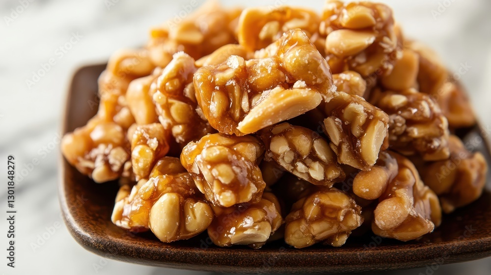 A close-up of crunchy peanut brittle served in a dark wooden bowl, showcasing its golden caramel and nutty texture. A close-up of crunchy peanut brittle served in a dark wooden bowl, showcasing its golden caramel and nutty texture.