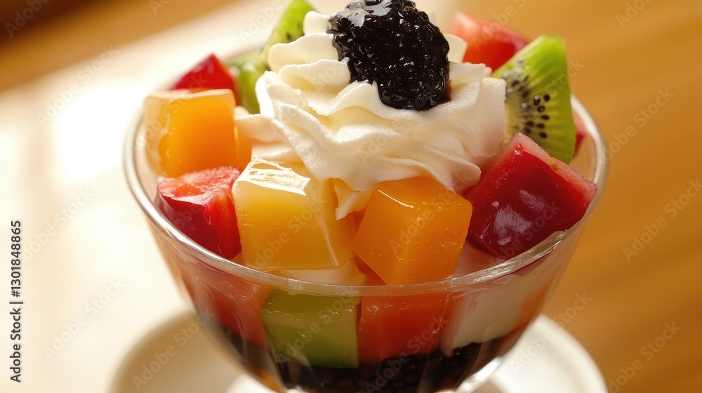 Delicious colorful fruit dessert with whipped cream and caviar topping. Delicious colorful fruit dessert with whipped cream and caviar topping.